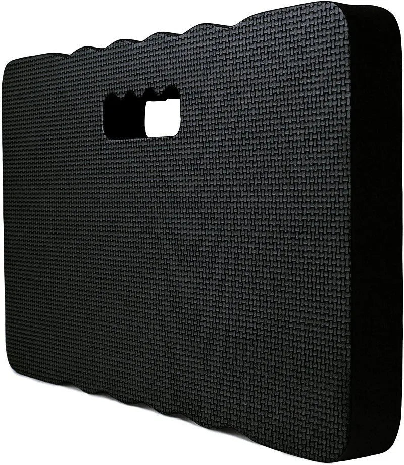A blue Eva foam garden kneeler pad on grass, measuring 45 cm long by 28 cm wide.