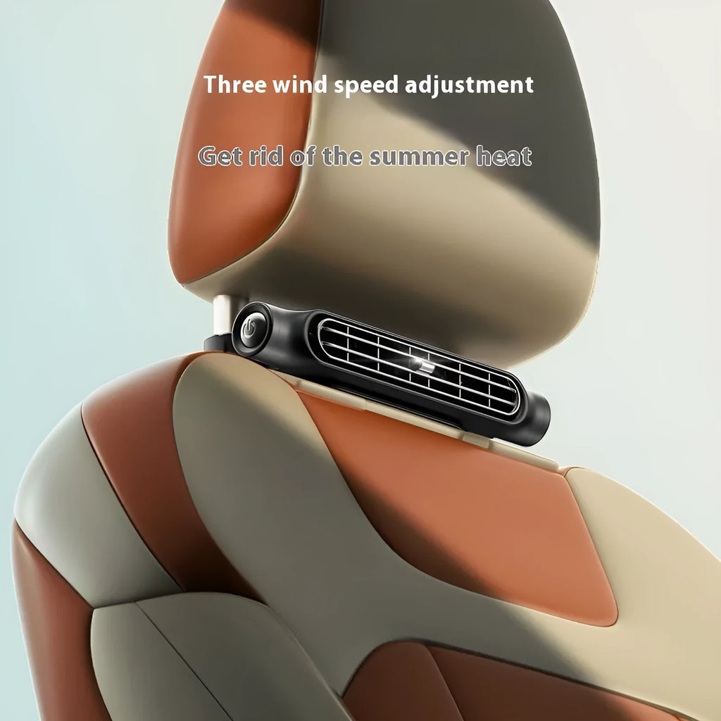 USB plug-in car fan with brushless motor and Velcro mounting for seat ventilation