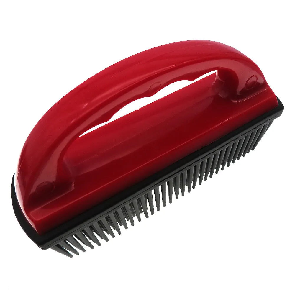Red pet hair removal brush measuring 160mm by 85mm for bath massage and carpet cleaning