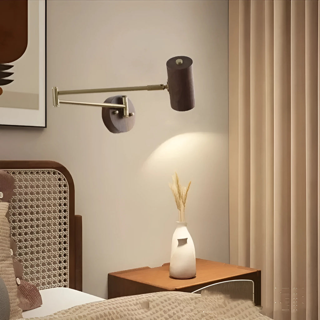 Retro rotating wall lamp with long adjustable arm and integrated switch in walnut wood finish