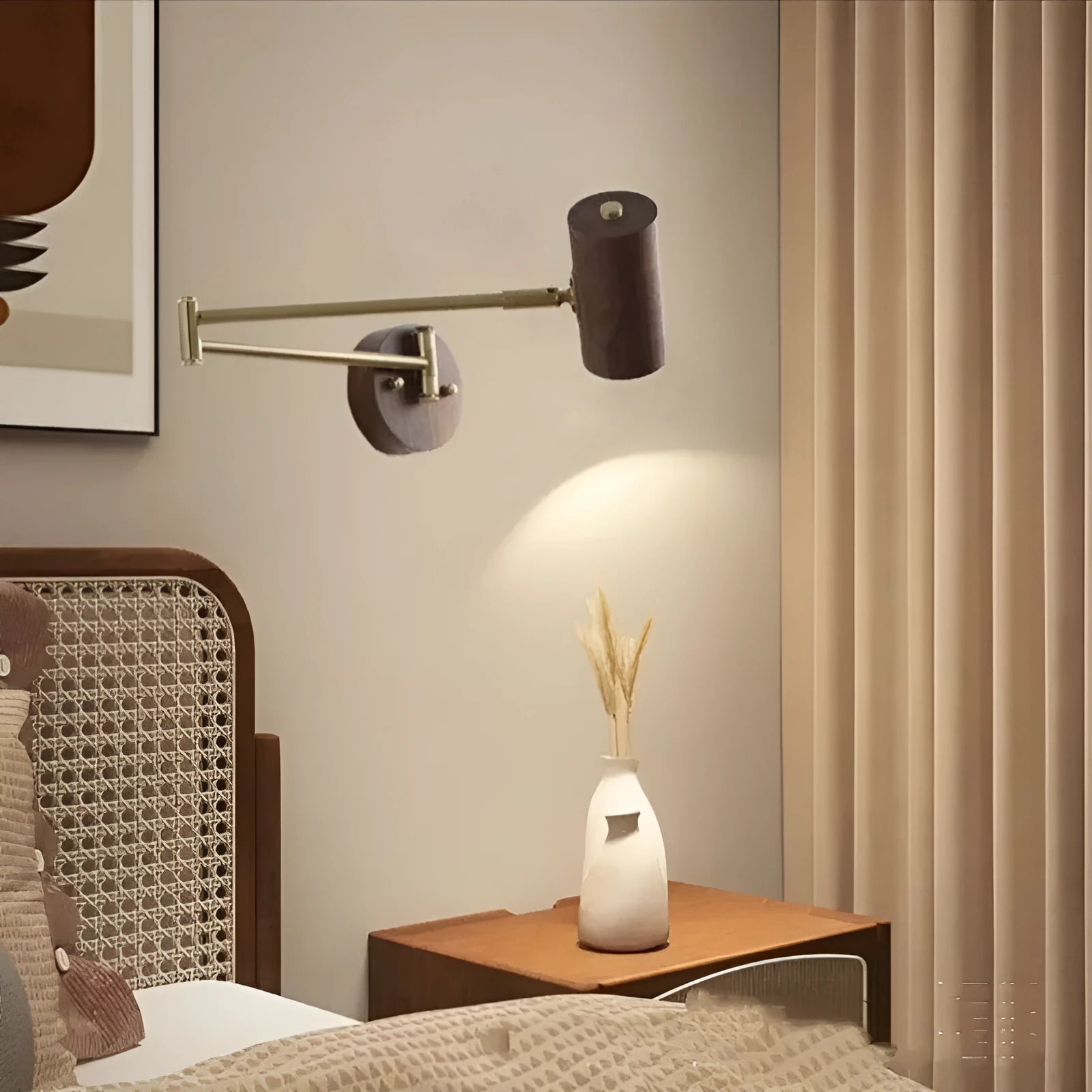 Retro rotating wall lamp with long adjustable arm and integrated switch in walnut wood finish