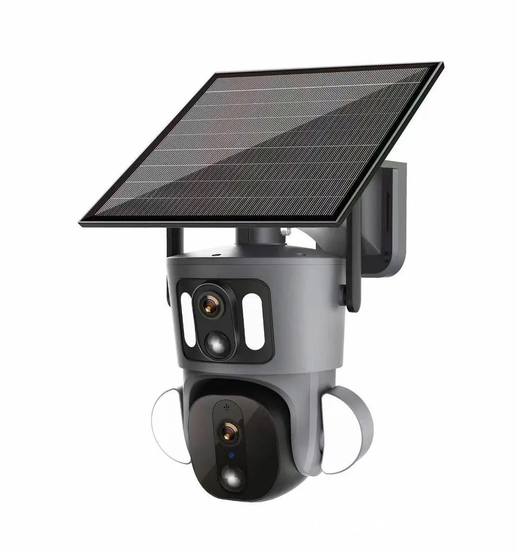 Solar-powered outdoor surveillance camera with three-screen display and waterproof housing