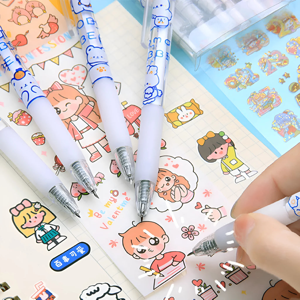 Six bear and rabbit character press pen knives with plastic casings and metal components