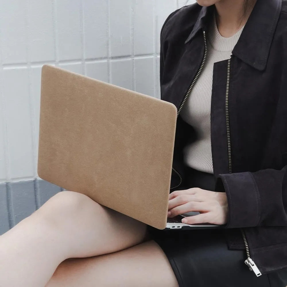 Cocoa brown suede laptop sleeve open showing interior, compatible with MacBook Air and Pro models 11 to 16 inch