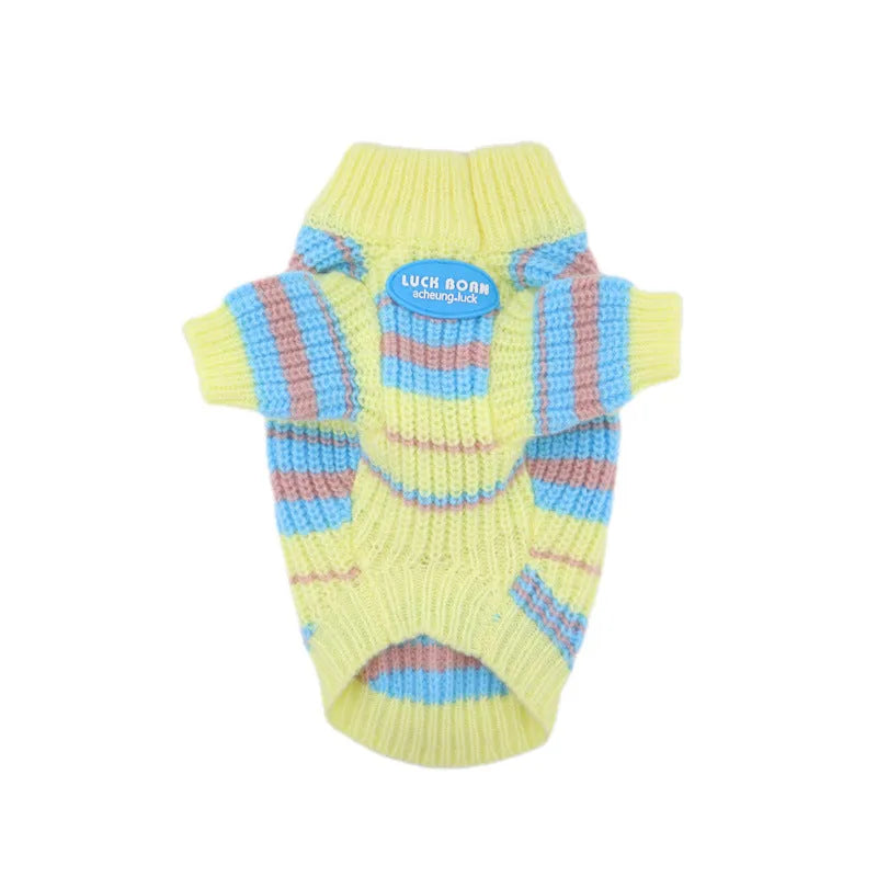 Blue and yellow striped wool dog sweater shown on a small white dog, sizes XS to XXL.