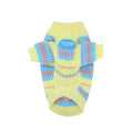 Blue and yellow striped wool dog sweater shown on a small white dog, sizes XS to XXL.