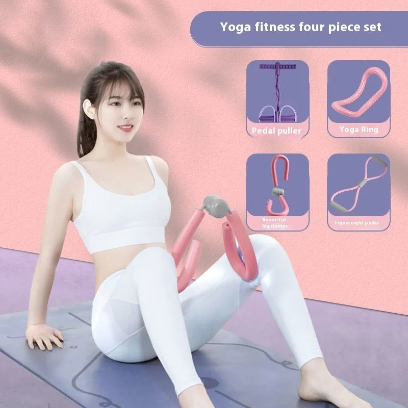 Yoga four piece fitness set showing leg stretcher, pedal puller, yoga ring, and tension rope.