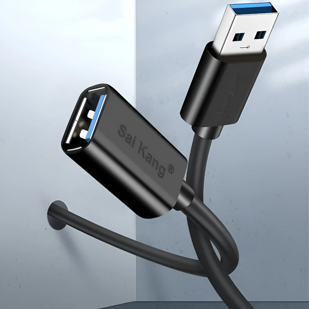 Black USB male to female extension cable showing connectors and available length options up to 5 metres