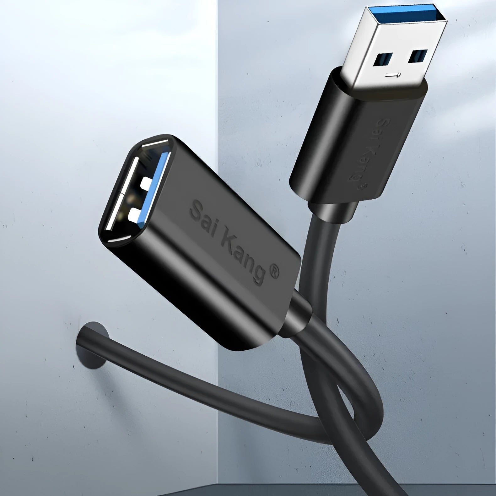 Black USB male to female extension cable showing connectors and available length options up to 5 metres