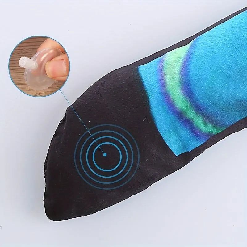 Plush snake dog squeaky toy with printed stripes in blue, green and rainbow colours
