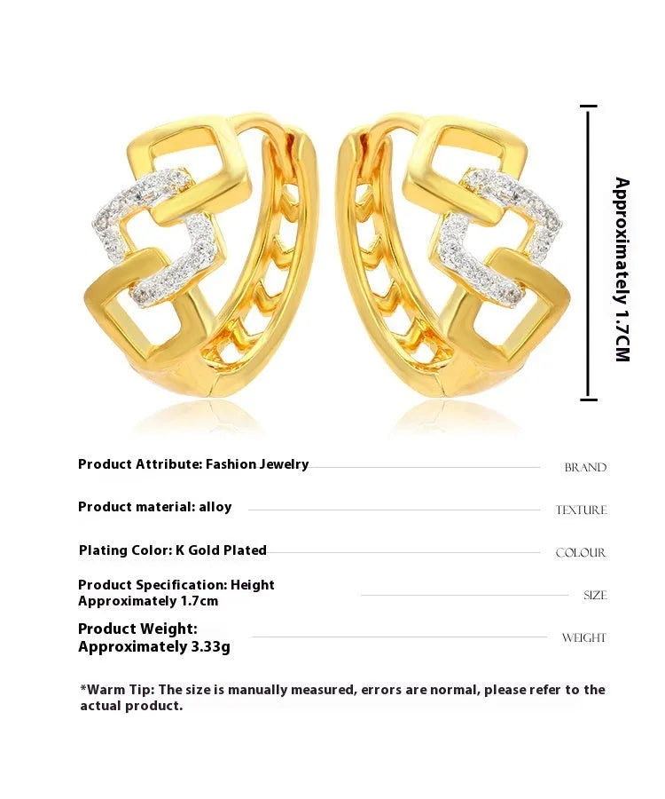 Gold geometric hollow-out earrings with colour separation detail on ear clips