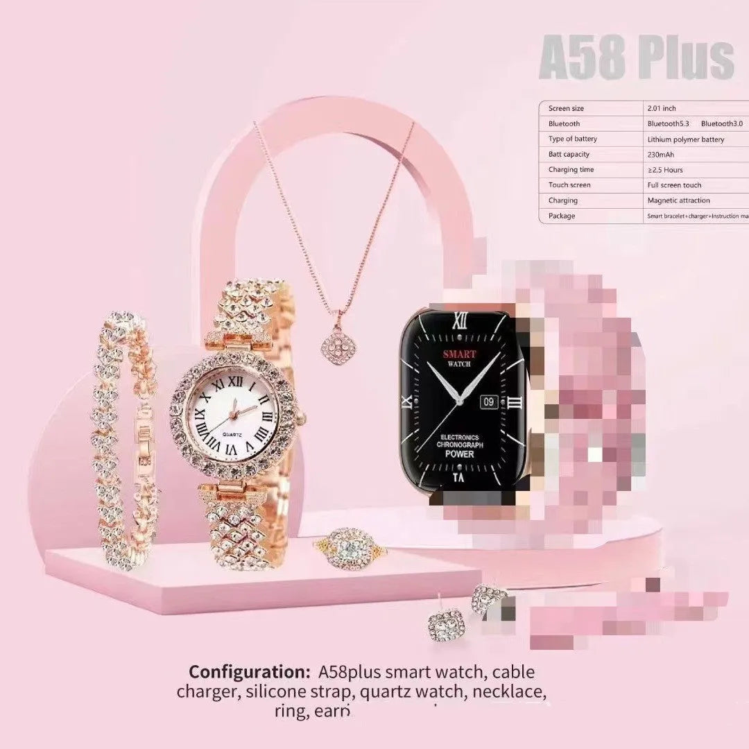 A58plus smart watch suit on wrist showing TFT touchscreen, with head strap and charger.