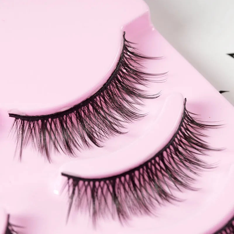 Manga style false eyelashes set showing three wispy styles for anime cosplay and Korean makeup