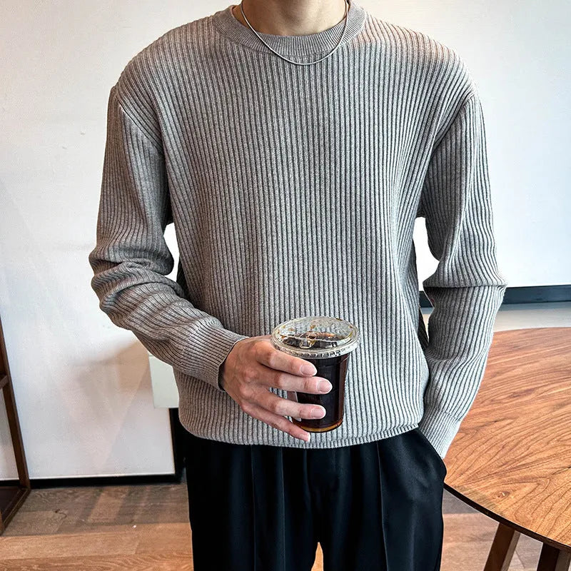 Men's thick bamboo fibre ice silk sweater in light gray, loose fit, round neck, striped pattern