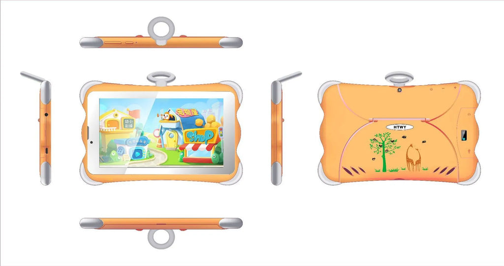 7-inch children's learning tablet in cartoon colours with integrated stand, showing 3G calling and Bluetooth features