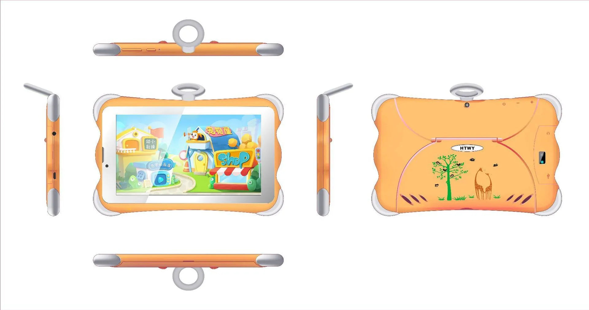 7-inch children's learning tablet in cartoon colours with integrated stand, showing 3G calling and Bluetooth features