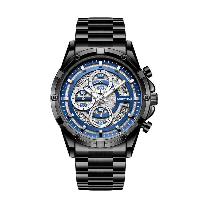 Men's waterproof luminous quartz watch with steel belt in black and blue, black and gold, or silver and white colour options