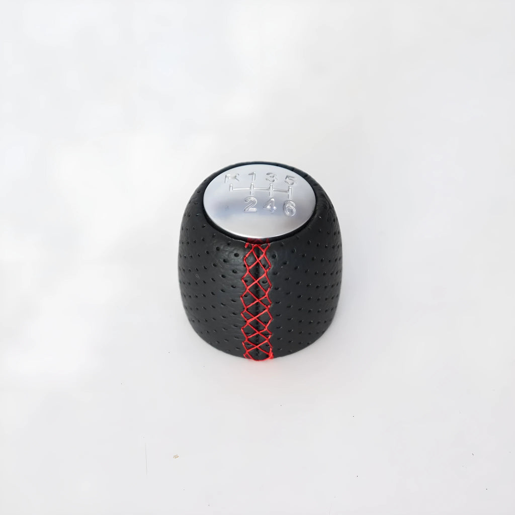 Sewn wrapped perforated PU leather handball gear for Alpha vehicles in black, red, or white.