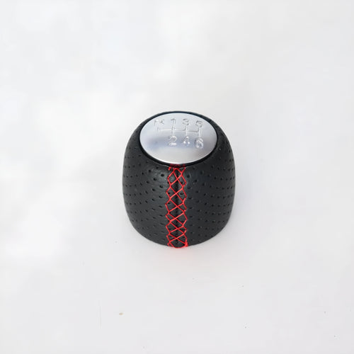 Sewn wrapped perforated PU leather handball gear for Alpha vehicles in black, red, or white.