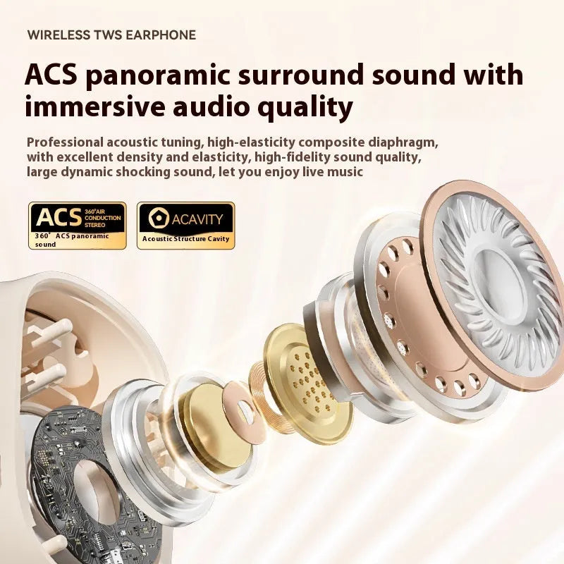 Ear-mounted headphones with digital display screen in skin colour, black, and white options.
