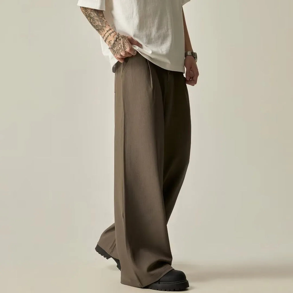 Men's black wide-leg casual trousers with straight-leg design and micro-elastic waist