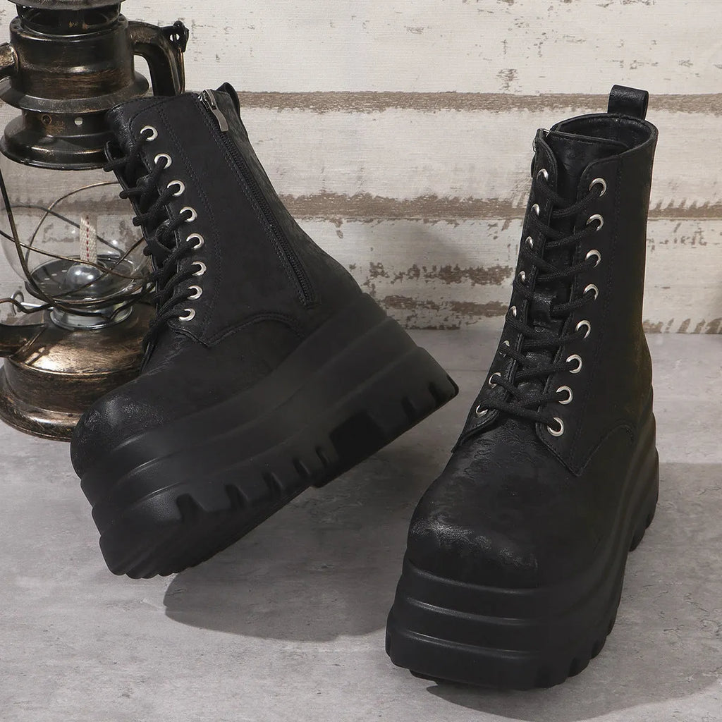 Women's black platform ankle boots with a chunky heel and side zipper on a white background.