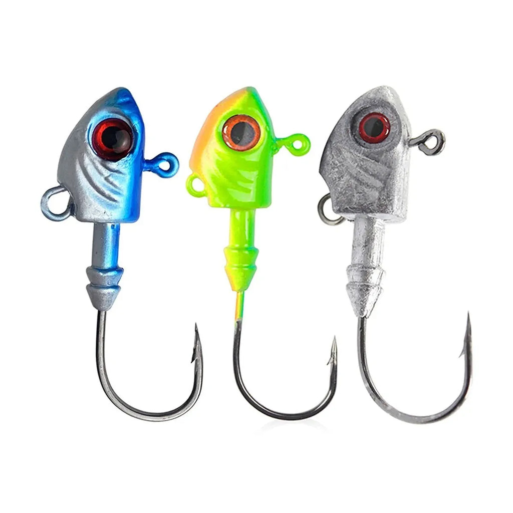 Beizheng Road yayu simulation lead head fishing hooks in blue, silver, yellow colours showing weight options.