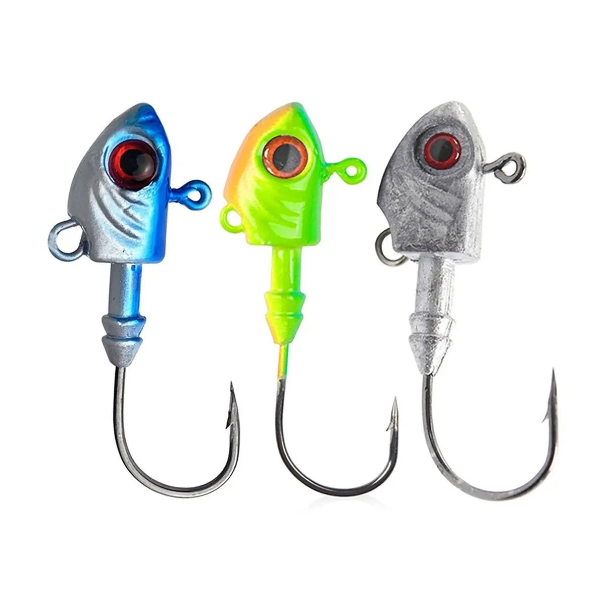 Beizheng Road yayu simulation lead head fishing hooks in blue, silver, yellow colours showing weight options.