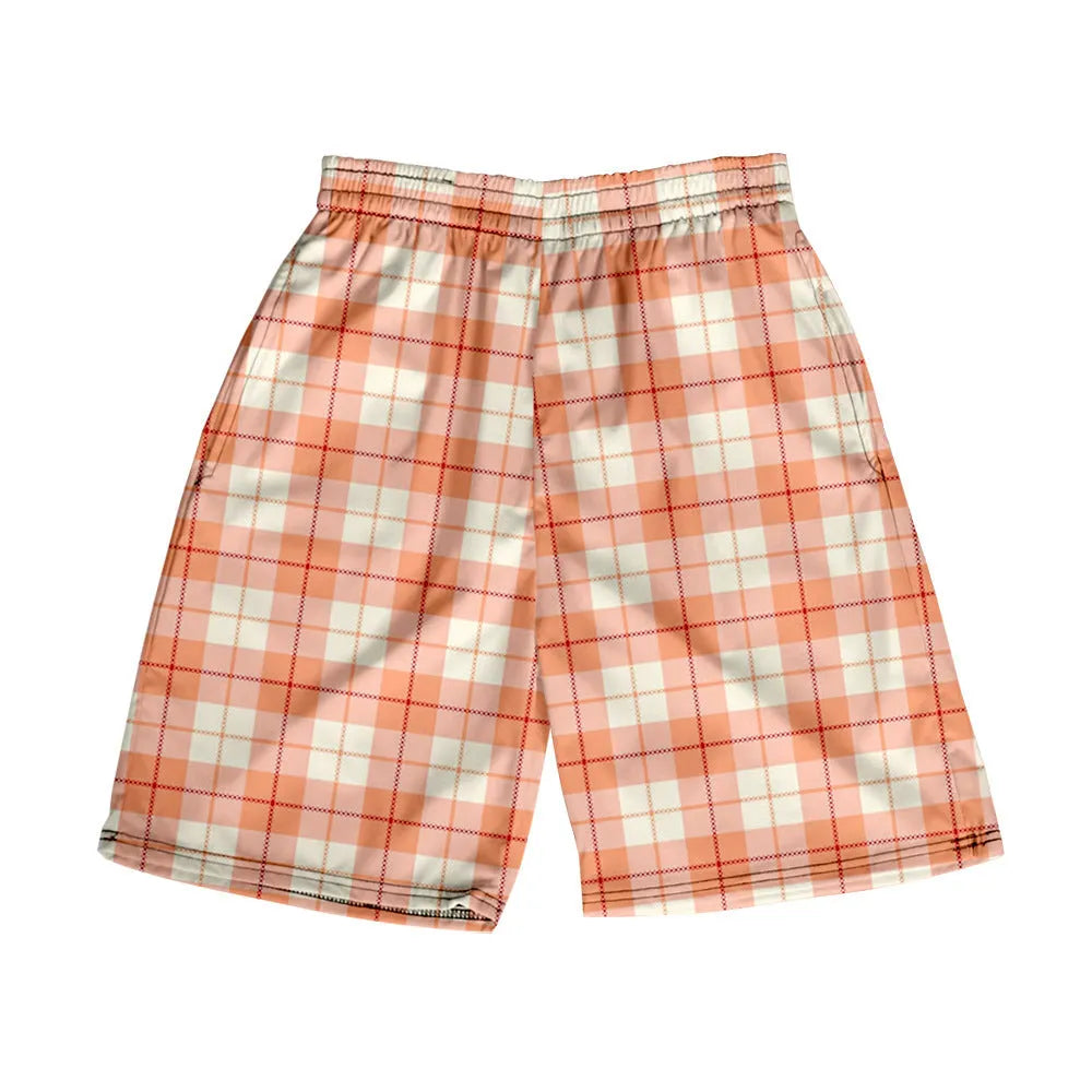Men's blue and white plaid casual polyester shorts with an elastic waistband.
