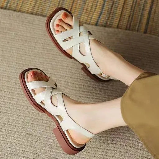 Women's patent leather square toe beach sandals in three colours with low heel design