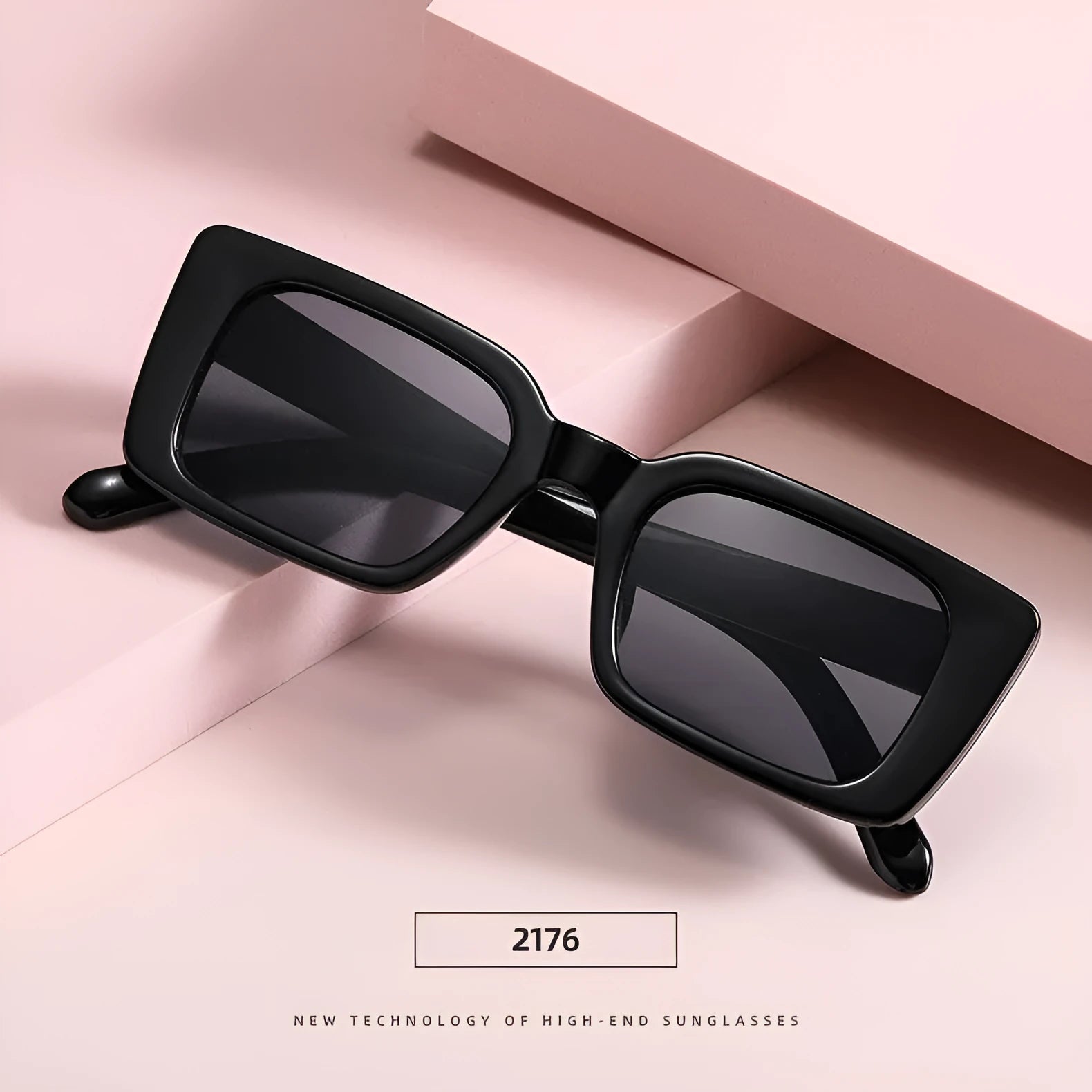 Square small frame sunglasses with PC lens, black frame and grey lens, simple flower design on bag