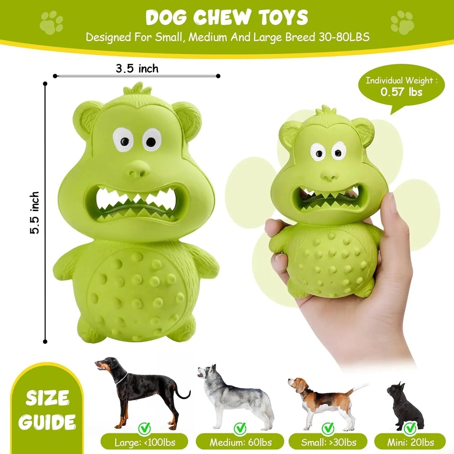 Green and yellow natural rubber squeaky dog toy for large breed aggressive chewers