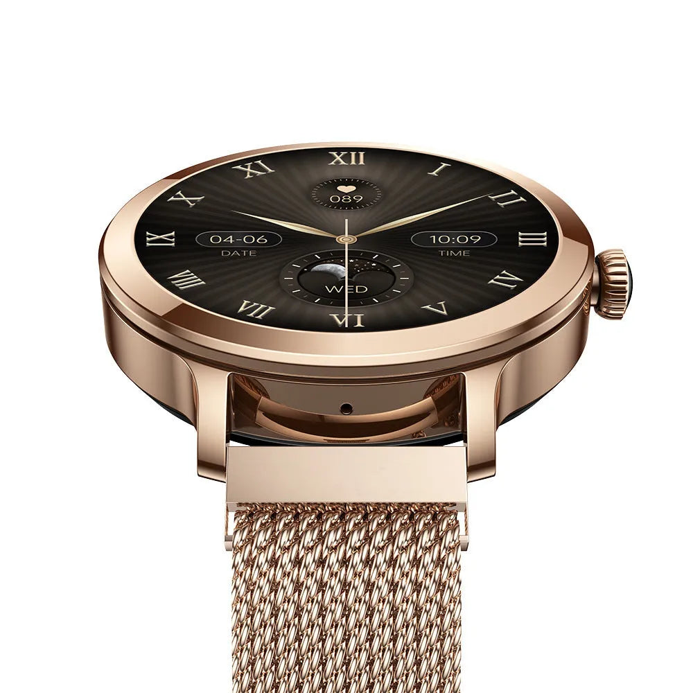 Women's AMOLED smartwatch with Bluetooth calling, gold steel case, 1.106 inch screen