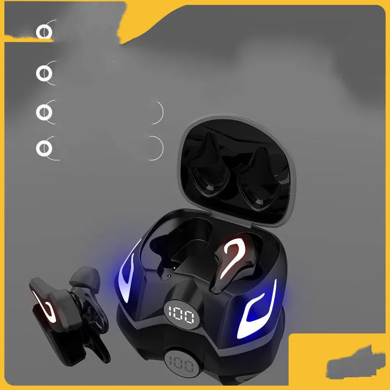 Close-up of a colourful LED Bluetooth gaming headset with in-ear earpieces on a dark background.