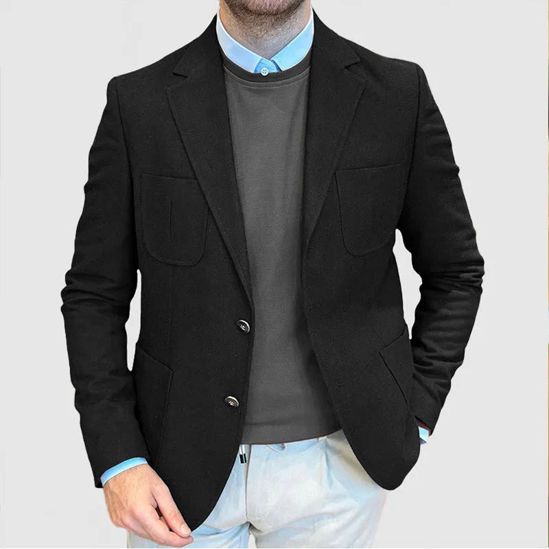 Men's loose-fit cotton suit jacket in a retro style shown in army green colour.