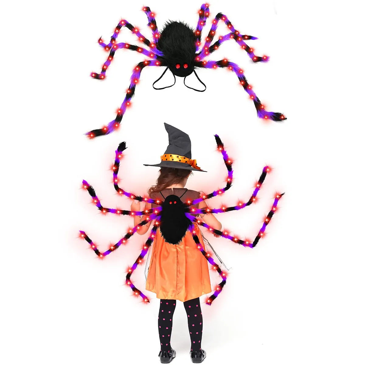 Halloween spider plush backpack with LED lights in orange purple colour, showing glow effect and backpack straps