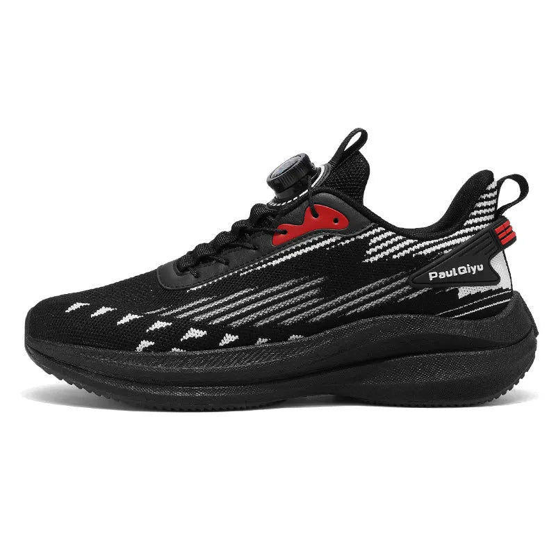 Men's rotating buckle Fly-knit mesh casual sports running shoes in low top design with TPU popcorn sole