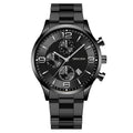 Fashion Numbers men's watch with three-eye calendar chronograph, black dial, silver hands, leather strap