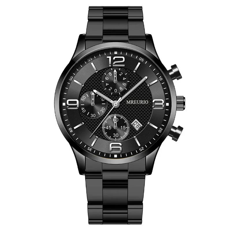Fashion Numbers men's watch with three-eye calendar chronograph, black dial, silver hands, leather strap