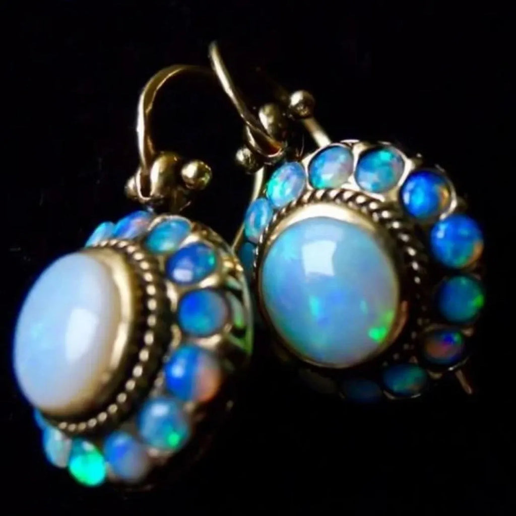 Retro exaggerated ethnic style earrings, geometric copper, gold colour, opal treatment