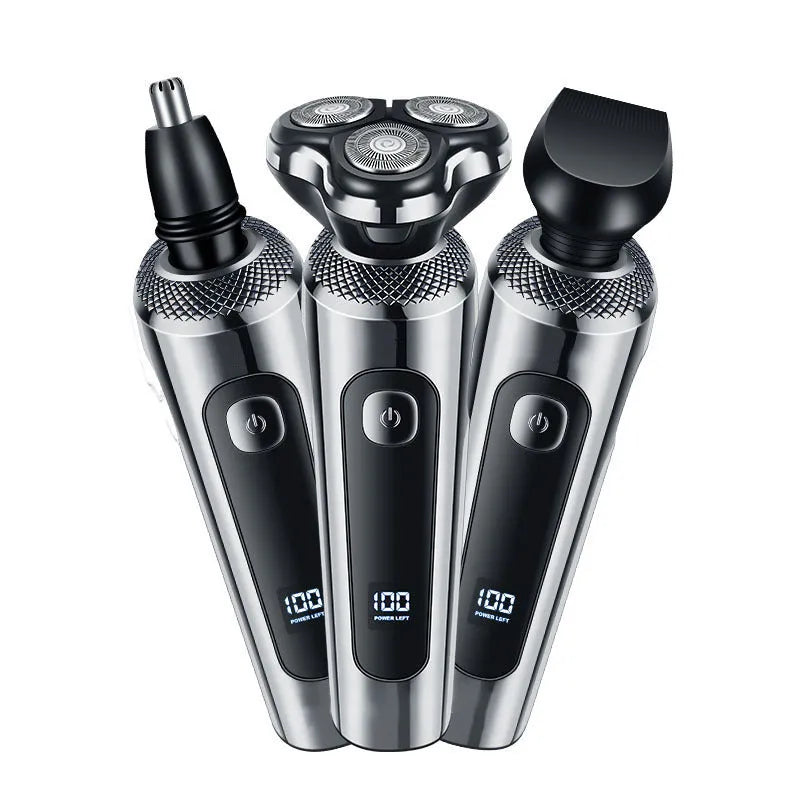 USB rechargeable beard trimmer with digital display and floating cutter head.