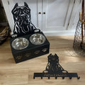 Personalised dog bowl holder with stainless steel bowl, iron dog head stand with custom name, and ceramic base