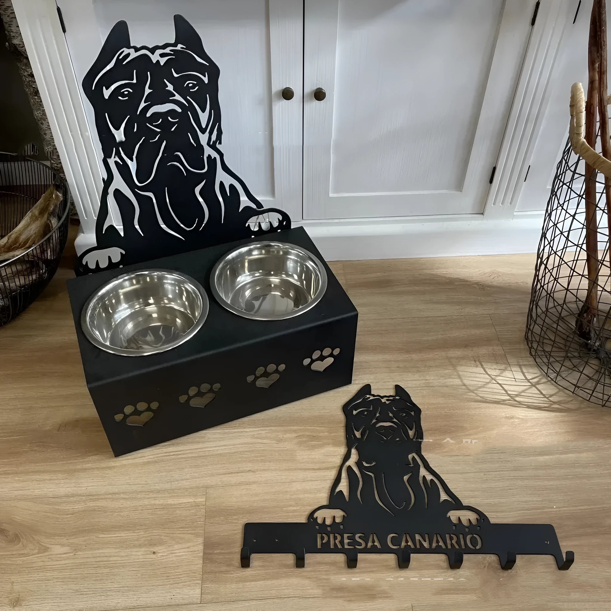Personalised dog bowl holder with stainless steel bowl, iron dog head stand with custom name, and ceramic base