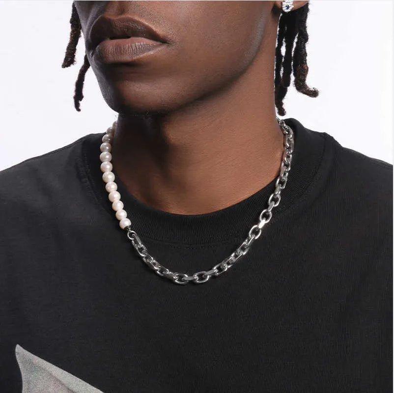 Unisex natural pearl necklace with titanium steel, white pearls 8mm width, 45cm or 50cm length