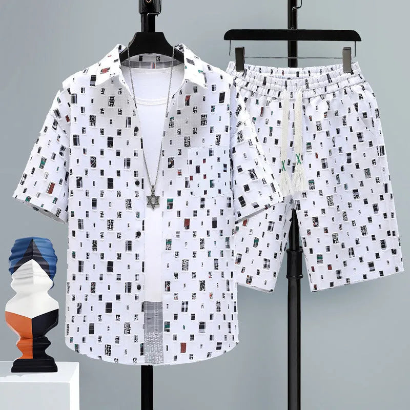 Men's casual sports two-piece set with short sleeve top and matching polyester shorts