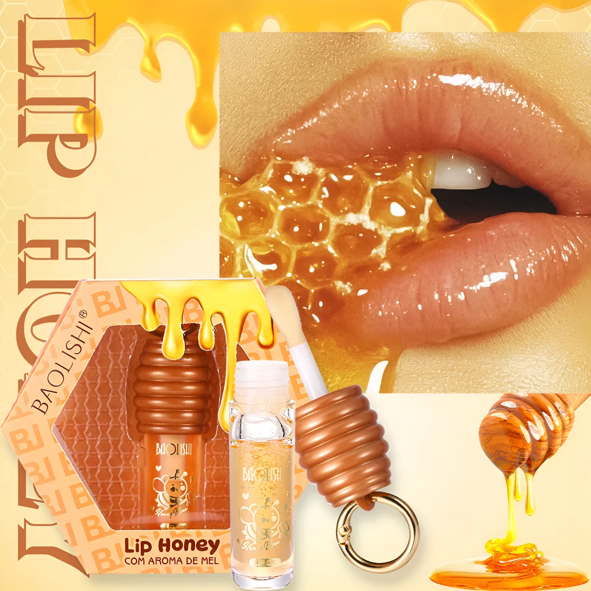 Portable honey lip gloss in keychain pannier bag with moisturising properties