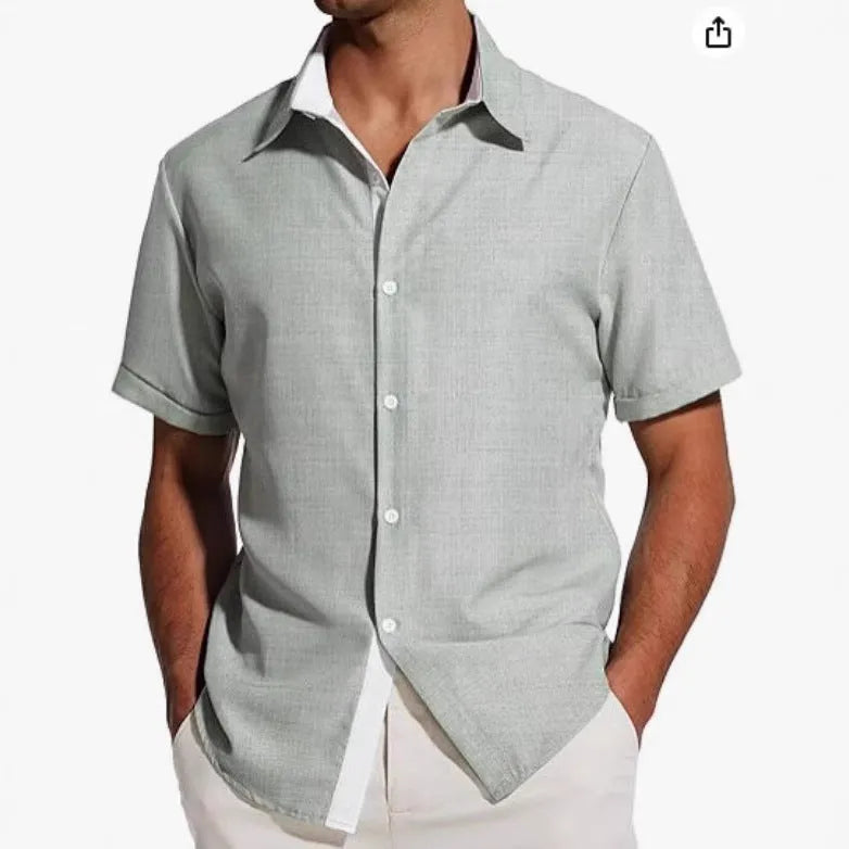 Man wearing a short sleeve floral print shirt in cardigan style, suitable for summer.