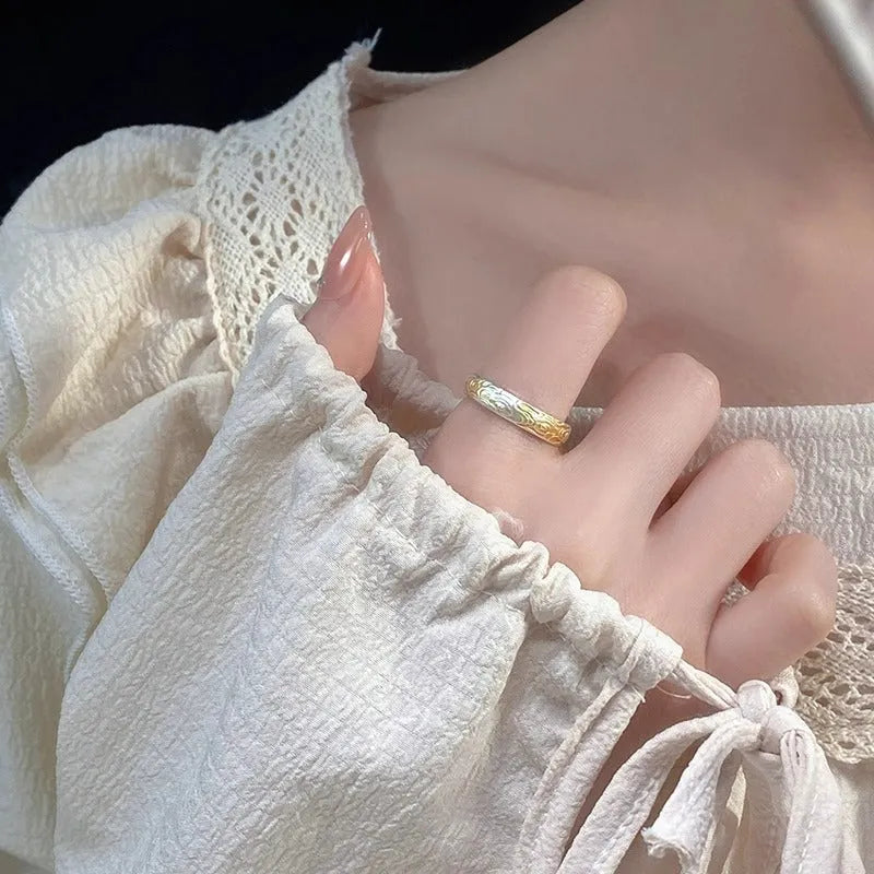 Geometric open-mouth white copper ring with J14 Xiangyun pattern in silver or gold electroplate.