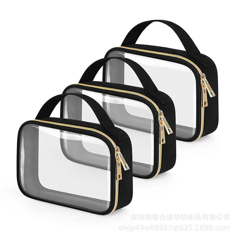 Transparent PVC cosmetic organiser bag with chain in multiple colours including leopard print for lipstick and brush storage.