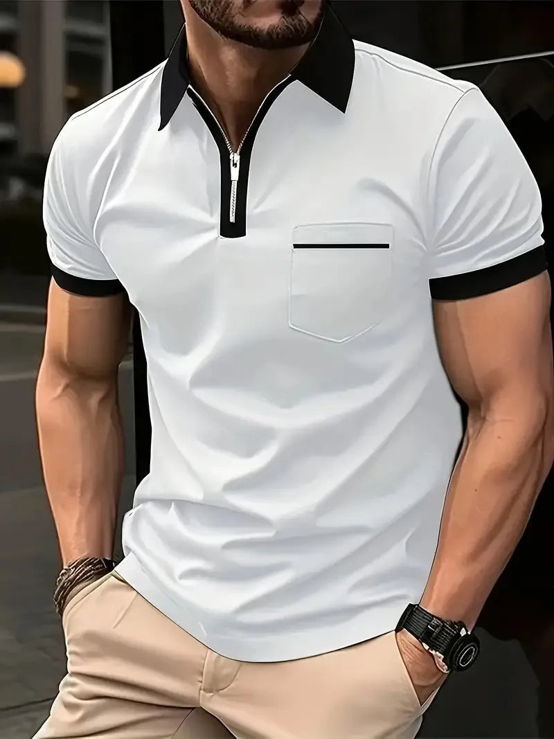 Men's loose fit short sleeve casual shirt with chest pocket and decorative zip details in colour combination options